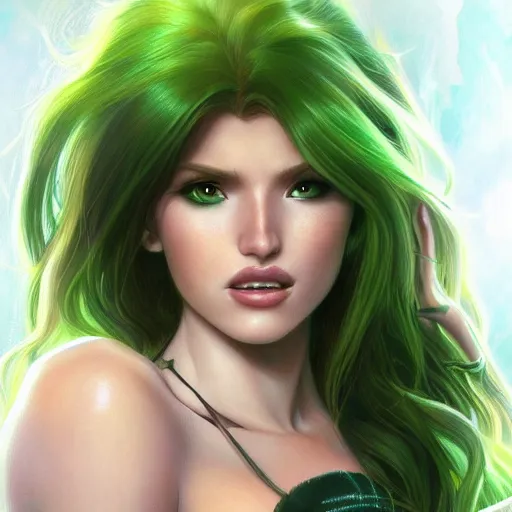 Prompt: ultra realistic illustration, bella thorne as starfire anime with glowing green eyes, intricate, elegant, highly detailed, digital painting, artstation, concept art, smooth, sharp focus, illustration, art by artgerm and greg rutkowski and alphonse mucha