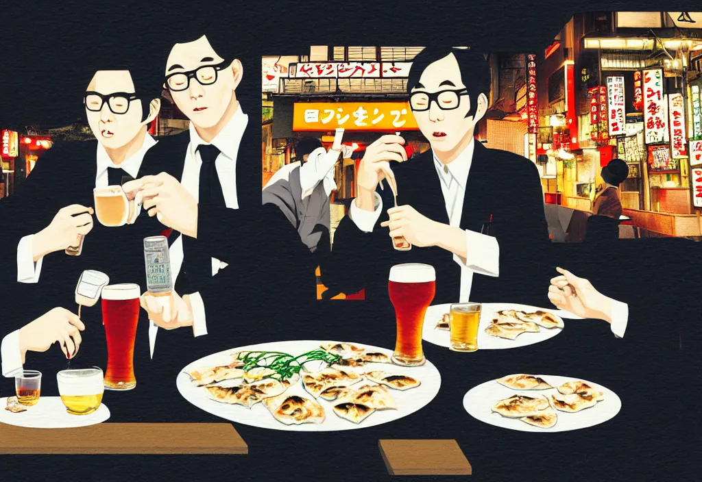 Image similar to two businessmen eating gyoza and drinking beer at an outdoor table in nighttime izakaya in shinbashi tokyo, japan, a collage painting, in the style of wes anderson, lola dupre, david hockney, isolated on negative white space background dark monochrome fluorescent neon spraypaint accents volumetric octane render