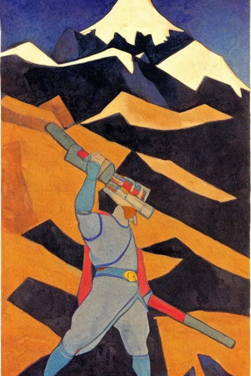 Image similar to thor holding the hammer, stay on mountain, marvel, artwork by nicholas roerich,