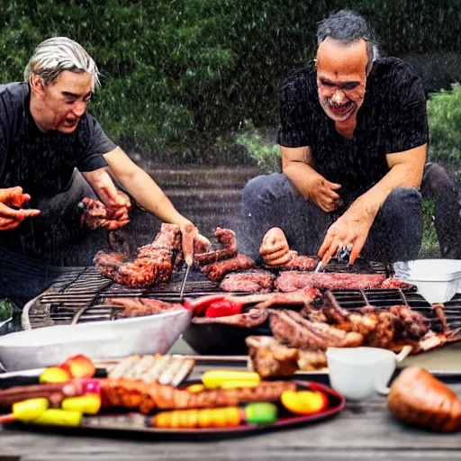 Image similar to portrait of people doing bbq under heavy rain