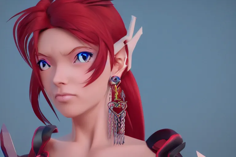 Image similar to character Lina Inverse from anime Slayers (1995 – 2009), rendered in Cinema 4D and Octane and Unreal Engine 5, hyperrealism, full body photogenic shot, digital render, cinematic lighting ornate earrings, 8k resolution, masterpiece work