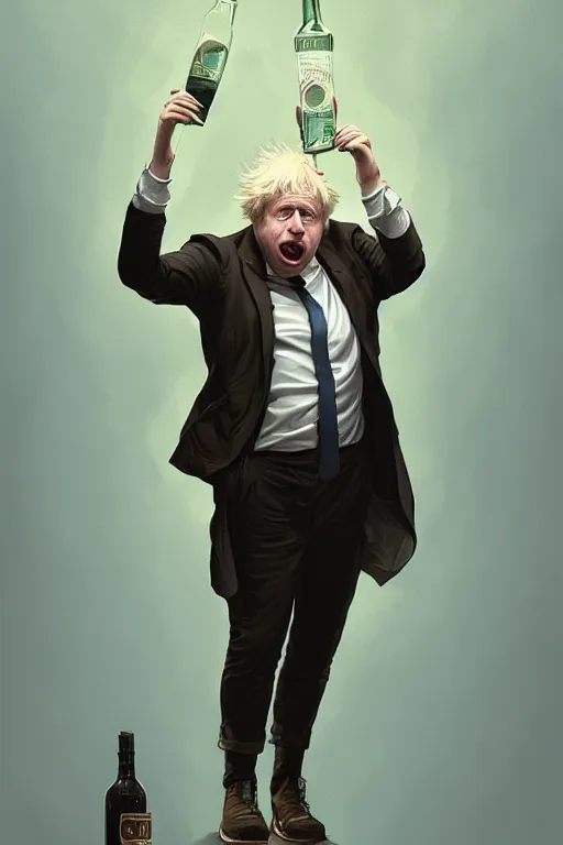 Image similar to Boris Johnson as a drunk genius Rick Sanchez, portrait, symmetrical, highly detailed, digital painting, artstation, concept art, smooth, sharp focus, illustration, cinematic lighting, art by artgerm and greg rutkowski and alphonse mucha