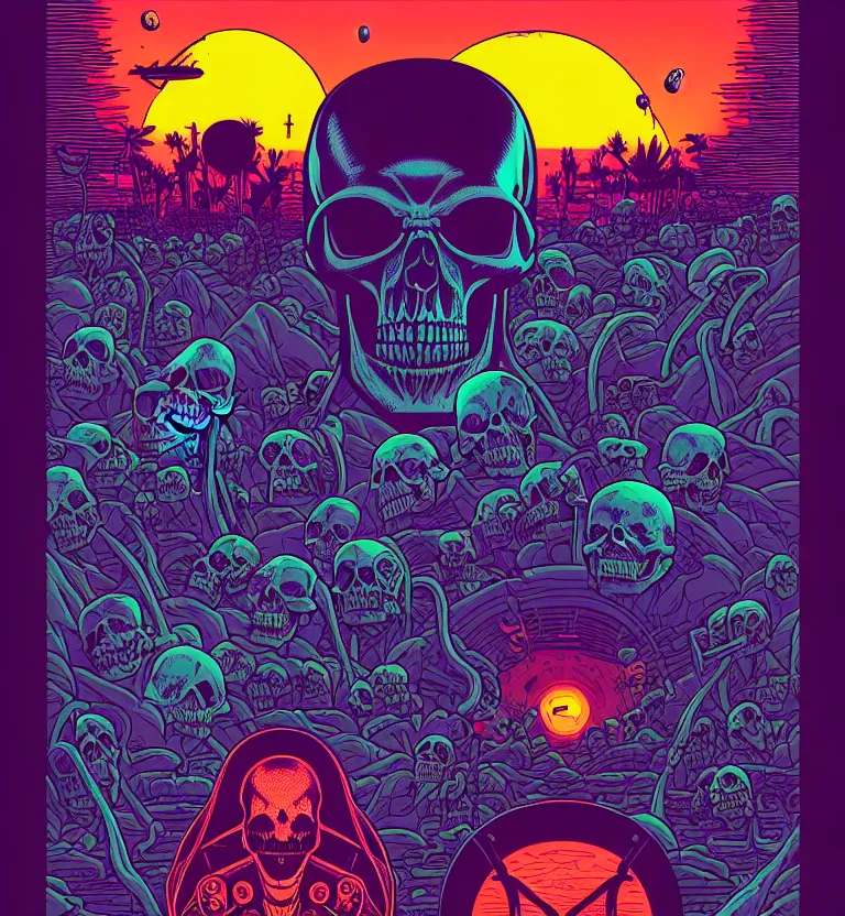 Prompt: Death's visit to an alien world by Dan Mumford, skull by Josan Gonzalez, sunset by Laurie Greasley, retrowave, vibrant, high contrast