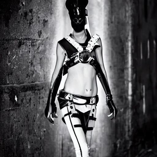 Prompt: fashion black and white photography of an extraterrestrial model, holding a sword, wearing demobaza fashion, inside berghain, berlin fashion, harness, futuristic fashion, dark minimal outfit, photo 3 5 mm leica, hyperdetail, berghain, 8 k, very detailed, photo by nick knight