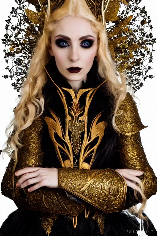 Image similar to very beautiful elven top model, golden hair, wearing dolce & gabbana gothic victorian armor with leaves and flowers, luxury materials, symmetrical, cinematic, elegant, professional studio light, real dlsr photography, sharp focus, 4 k, ultra hd, sense of awe, high fashion