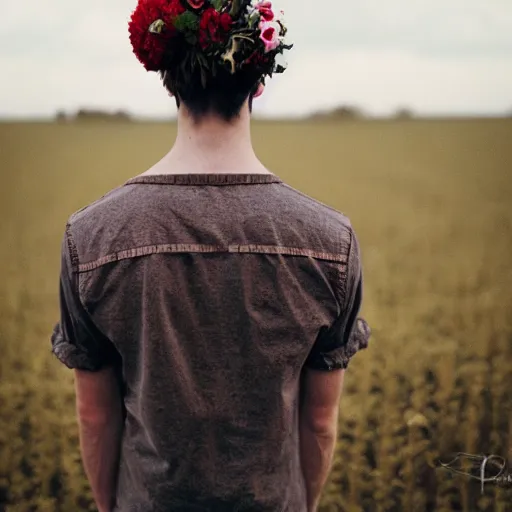 Image similar to kodak portra 1 6 0 photograph of a skinny guy standing in field of skulls, flower crown, back view, moody lighting, moody vibe, telephoto, 9 0 s vibe, blurry background, tranquil, calm, faded!,