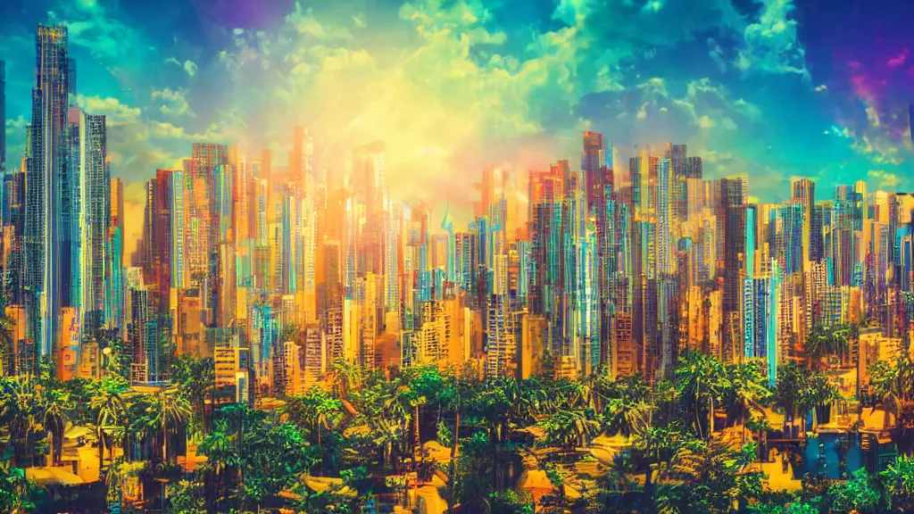 Image similar to golden city in a vaporwave jungle, 4k, ultra realistic, colorful, award winning photograph