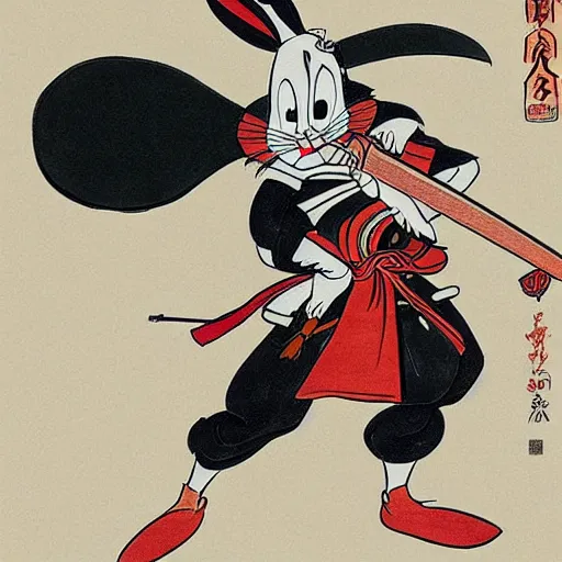 Prompt: bugs bunny in samurai armor yielding a katana, painting, in the style of hokusai