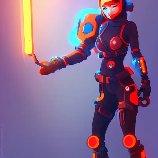 Image similar to stylized cybernetic ninja - cyberpunk girl, wearing techwear and armor, weoponary, complementary colors, highly detailed, artstation, digital matte painted in the style of overwatch, concept art, smooth