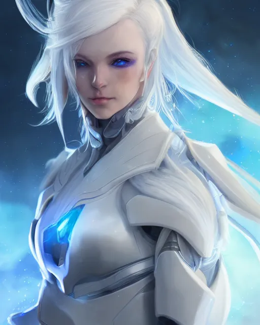 Prompt: perfect white haired girl, warframe armor, beautiful, pretty face, blue eyes, detailed, windy weather, scifi, smiling, platform, laboratory, experiment, 4 k, ultra realistic, epic lighting, glow, high detail, masterpiece, by akihito tsukushi, charlie bowater, ross tran