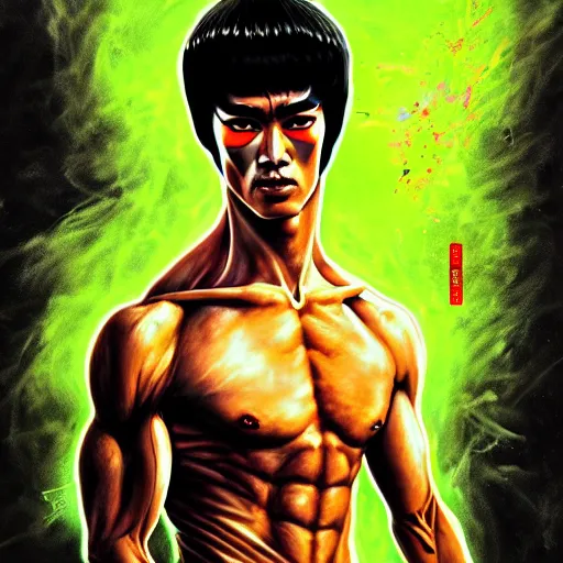 Image similar to a demon slayer portrait of bruce lee, tall, pale - skinned, and slender with lime green eyes and long eyelashes by stanley artgerm, tom bagshaw, arthur adams, carne griffiths, trending on deviant art, street art, face enhance, chillwave, maximalist, full of color, glittering