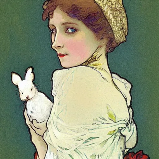 Prompt: an edwardian woman wearing white, holding a rabbit, in the style of mucha