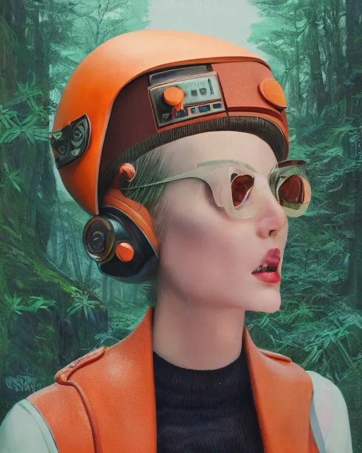 Image similar to portrait of alone androgynous girl wearing long orange vintage leather coat and wearing giant modular synthesizer 8 0 s sony stereo helmet and backpack. bakelite cliffs, moss green japanese forest background, ultrafine hyperdetailed illustration by hsiao - ron cheng and artgerm, the grand budapest hotel, glow, no crop, digital art, artstation, pop art