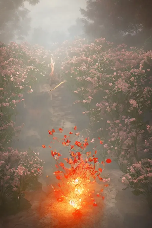 Prompt: Surreal Cernunos Floating in the air, in the middle of a garden of white roses in flames, Cinematic lighting, insanely detailed, mist, trending on artstation, golden ratio, ultra super good 3D render by Pete Morbacher