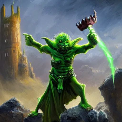 Image similar to goblin wizard, oil painting, dramatic, robed warrior, green orc with horns, castle in background, stone brick background, ultra realistic, artstation award, fantasy, concept art, powerful pose
