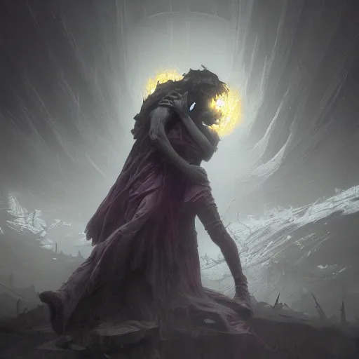 Prompt: two shadows with purple details are kissing in high detail fallout hell with extreme passion, around them everything is burning, by bossmonsterbani and gustave dore, aleksandra waliszewska, aoi ogata, greg rutkowski and nona limmen, dark dystopian concept art with beautiful cinematic elements