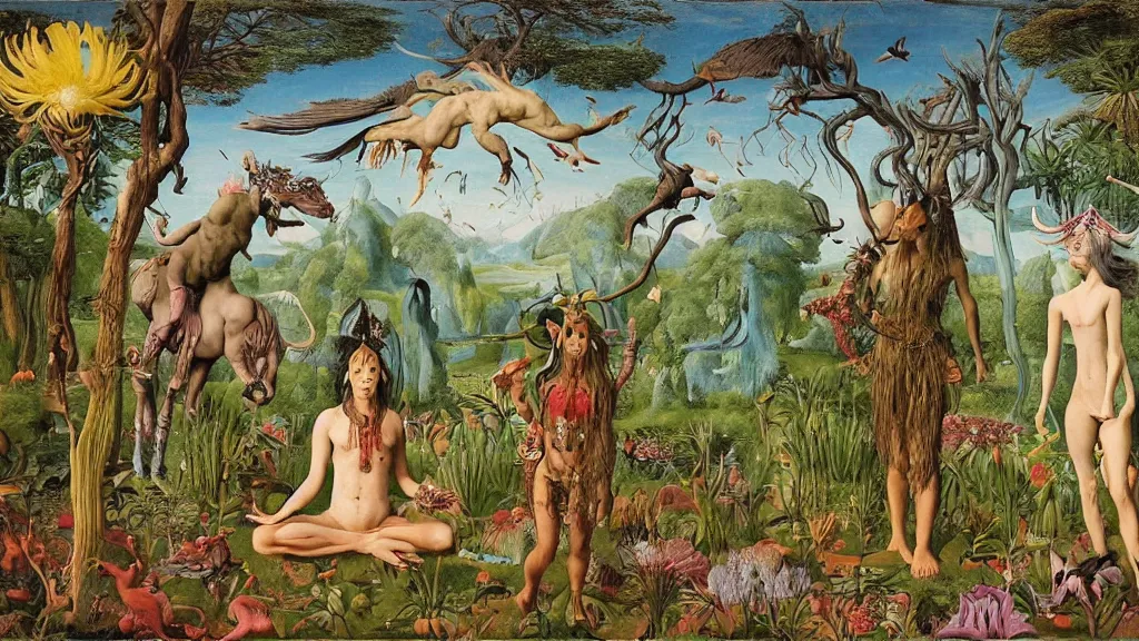 Prompt: a photograph of a meditating centaur shaman and a harpy mermaid mutating into beautiful mammals. surrounded by bulbous flowers and a few trees and animals. river delta with mountains under a blue sky full of burning stars and birds. painted by jan van eyck, max ernst, ernst haeckel, ernst fuchs and artgerm. trending on artstation
