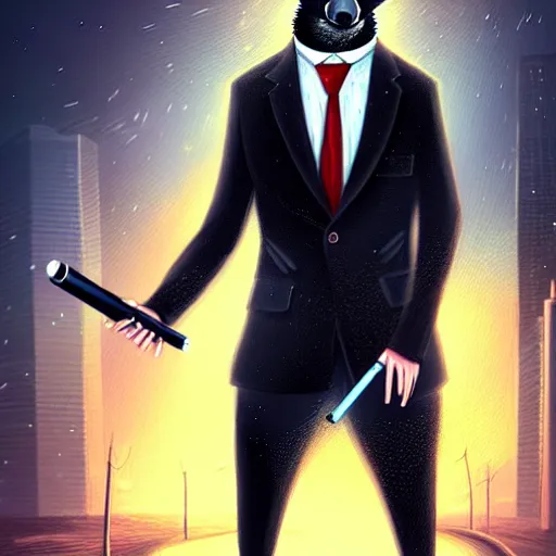 Image similar to a black bear wearing a suit and tie with a cigarette in his mouth, cyberpunk art by Cyril Rolando, featured on deviantart, furry art, furaffinity, smokey background, digital painting