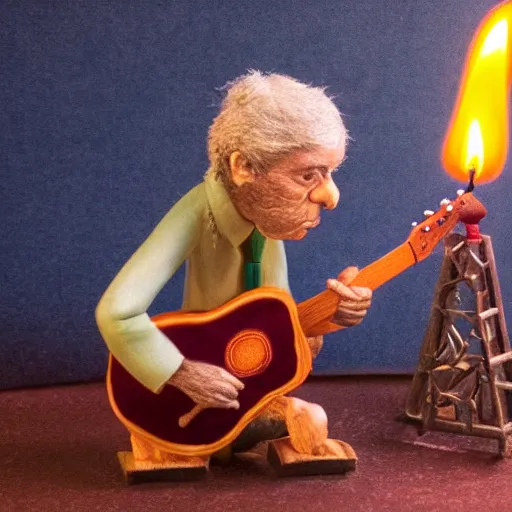 Image similar to Claymation art of a old man playing guitar, 100mm, candle lightning, industrial colours, extremely detailed