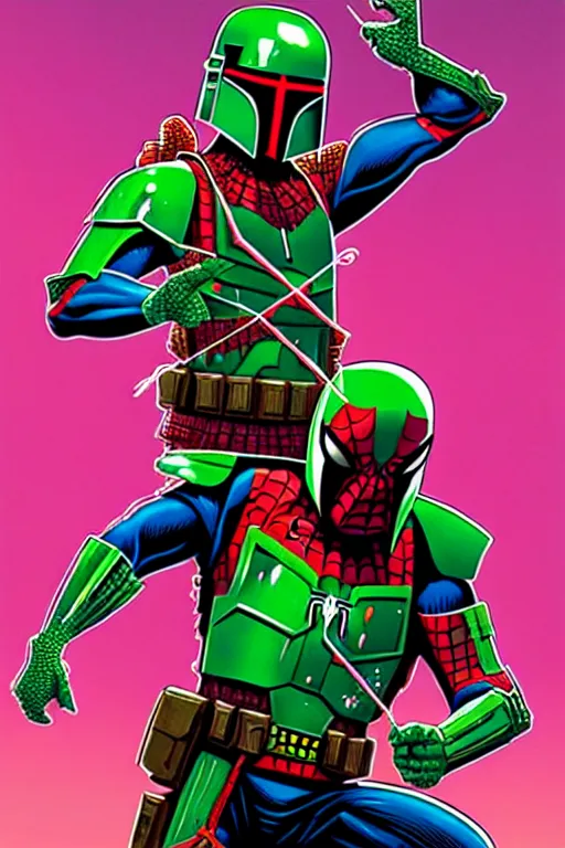 Image similar to spiderman inspired by boba fett, digital portrait art by josan gonzalez, epic lighting, intricate, d & d, fantasy, cyberpunk x renaissance