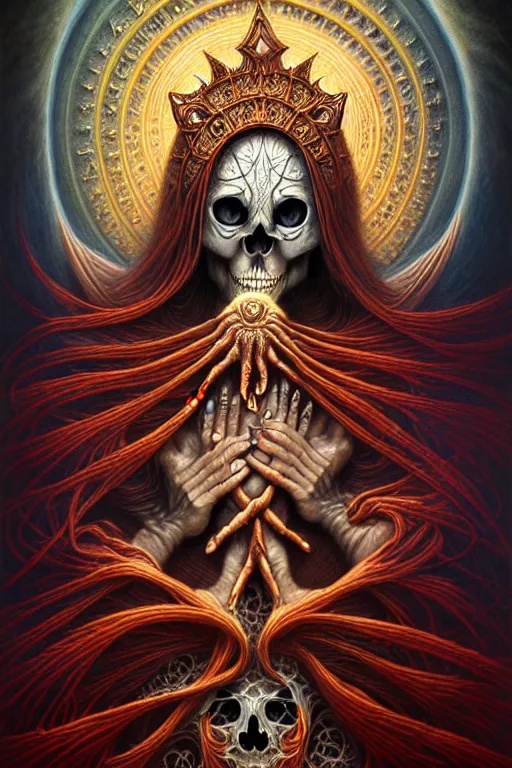 Prompt: A beautiful detailed godness woman super cute tarot card, by tomasz alen kopera and Justin Gerard, symmetrical features, ominous, magical realism, texture, intricate, ornate, royally decorated, skull, skeleton, whirling smoke, embers, red adornements, red torn fabric, radiant colors, fantasy, trending on artstation, volumetric lighting, micro details, 3d sculpture, ray tracing, 8k, anaglyph effect