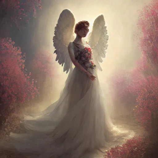 Prompt: A portrait of An angel in a dress made of flowers by Greg Rutkowski and Yoshitaka Amano,In style of digital illustration art,Rembrandt lighting,Ray tracing,hyper detailed,sharp focus,Soft light.4k,trending on artstation,oil on canvas