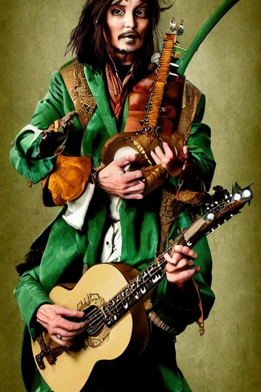 Image similar to Breathtaking comic book style of Johny Depp portrayed as a Dungeons and Dragons bard, playing the lute and wearing a pale green jacket in the style of Ralph Dorsey