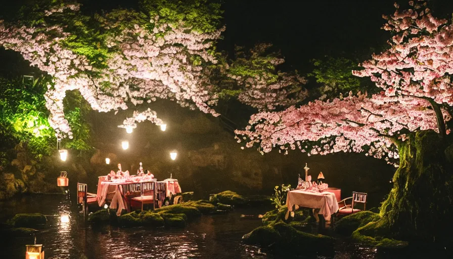 Image similar to 35mm film still of a very surreal magical European castle cafe in a lush waterfall garden, falling cherry blossoms pedals, in the style of Gucci and Wes Anderson, photographed by Petra Collins, glowing lights and floating lanterns, foggy atmosphere, rainy, moody, muted colors, magic details, very detailed, 8k, cinematic look