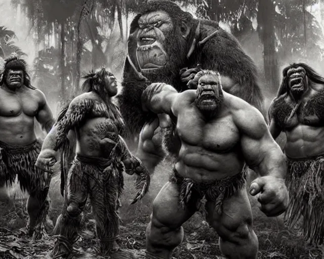 Image similar to hyper realistic group vintage photograph of a live action warcraft orc warrior tribe in the jungle, tall, hulk like physique, detailed faces, tribal paint, tribal armor, grain, old, monochrome, sepia toned, realistic lighting, wide angle