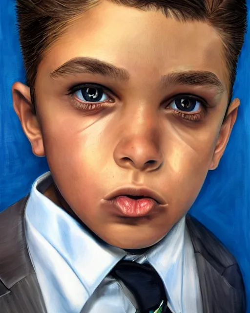 Image similar to portrait of a 7 year old child boss, gritty, serious, wearing a suit and a tie, very detailed eyes, hyperrealistic, beautiful, very detailed painting by Glenn Fabry, by Joao Ruas, by Artgerm