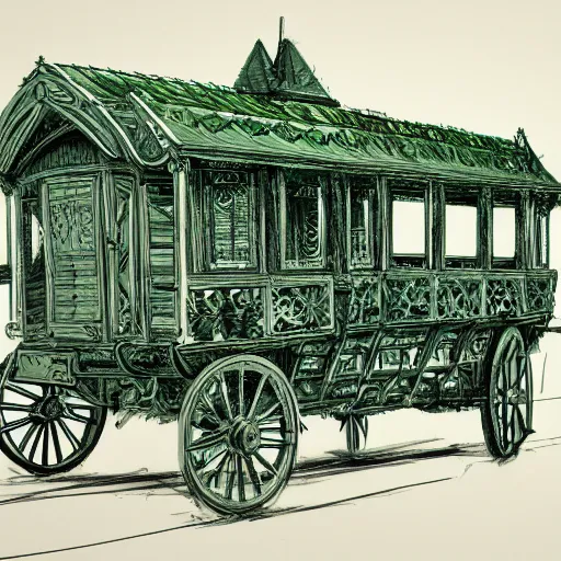 Prompt: annotated highly, detailed and intricate, sketch of a carriage cabin full of green plants, marker concept art style rendering, concept art, half blueprint, trending on artstation, intricate details, center frame, annotations