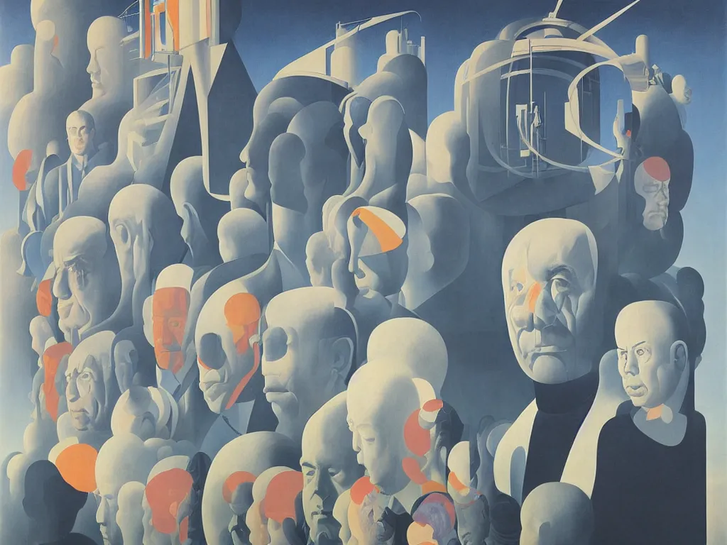 Image similar to the giant head of stanislaw lem is hovering above the futurological congress, painted by james jean and rene magritte