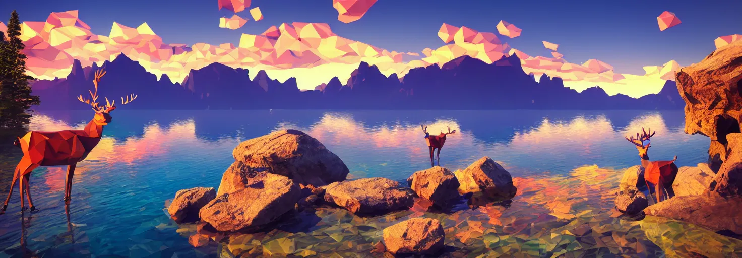 Image similar to super detailed color lowpoly art, northern sunset with rocks on front, lake in the middle of perspective and mountains at background, graphic reindeers in random points, unreal engine, retrowave color palette, 3d render, lowpoly, colorful, digital art