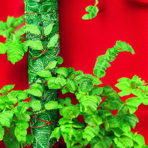 Image similar to photo realistic, high level of detail, high resolution, 7 0 mm lens : ( subject = red steel pillar + ( object = vines + object detail = green, lush ) ) + ( perspective = diminishing scale + low focal point, low focus distance ) on a hoodie