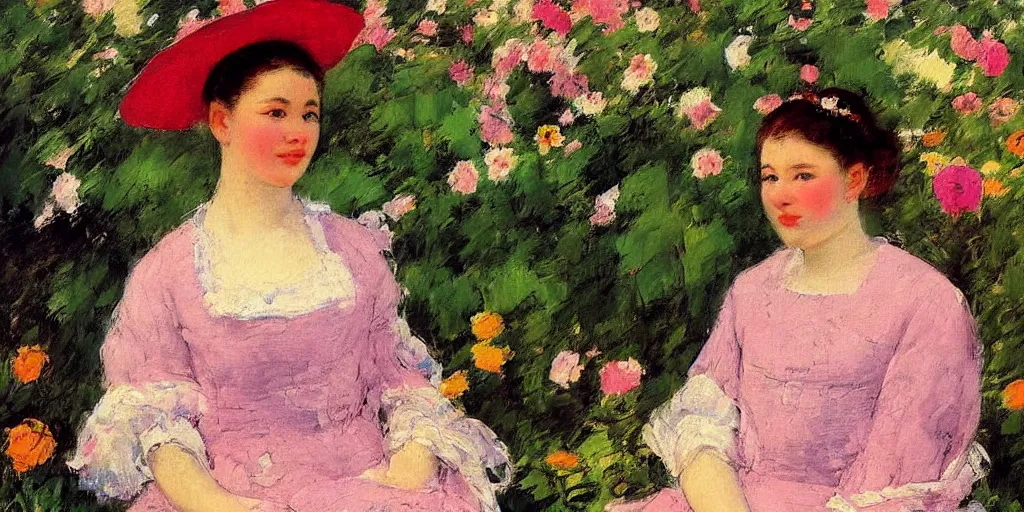 Prompt: vintage beautiful painting of a beautiful woman in a flower garden in mary cassatt style