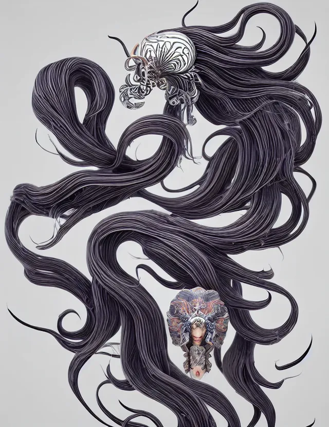 Image similar to 3 d goddess squid half - turn portrait with long hair with ram skull. beautiful intricately detailed japanese crow kitsune mask and clasical japanese kimono. betta fish, jellyfish phoenix, bio luminescent, plasma, ice, water, wind, creature, artwork by tooth wu and wlop and beeple and greg rutkowski