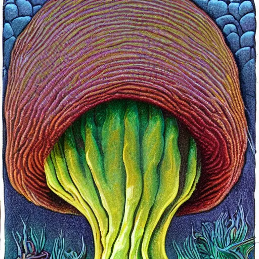 Image similar to the spore-bearing fruiting body of a fungus, typically in the form of a rounded multicolor cap on a relief stalk, especially one that is believed to be inedible or poisonous, fantasy art