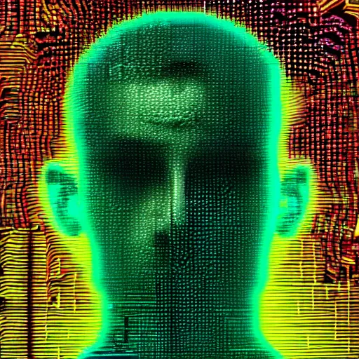 Image similar to hyperrealistic portrait of a cyberpunk teenager, male, short hair, confident, cybernetics, immersed within a glitch network, by Guy Denning, Metzinger, Russ Mills, glitch art, hyper focus, fine detail, hacking effects, digital tech effects, chromatic, color blocking!, green, acrylic on canvas, concept art, abstract, trending on cgsociety, trending on artstation