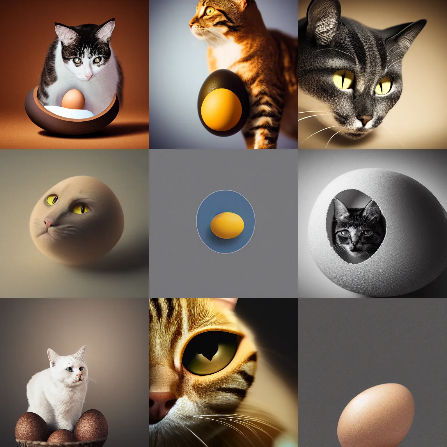 Prompt: a cat hatching from an egg, studio lighting, photorealistic, 4 k