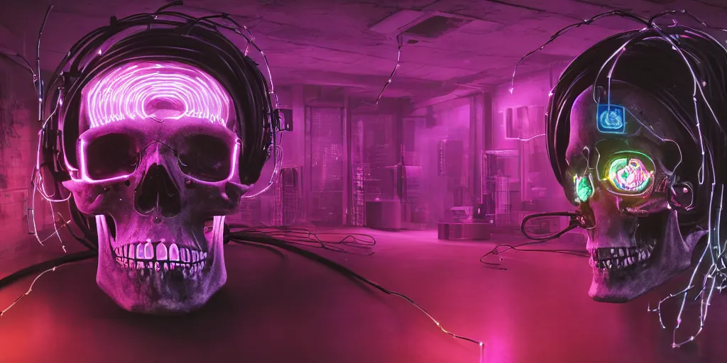 Image similar to a photorealistic cyberpunk skull with electronic wires and cables coming out of it, eyes lighting up with LED lights, in a seedy cellar lab, vaporwave, scifi, trending on artstation, 4K, cinematic, epic lighting, UHD, HDR