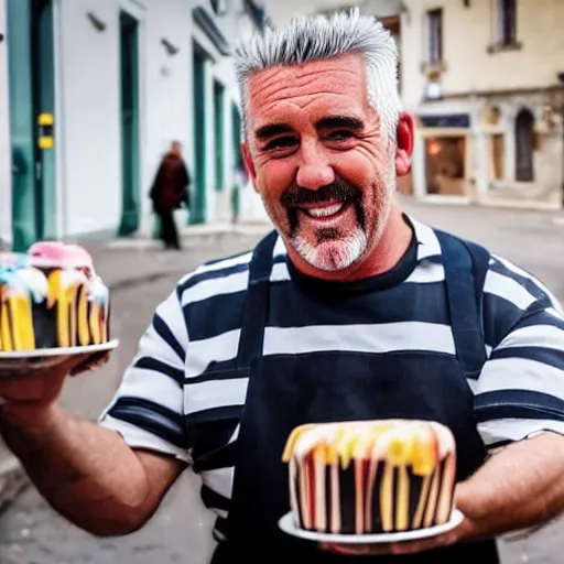 Prompt: a close up photo of Paul Hollywood stealing a pack of 6 cakes, french bakery, wearing a stereotypical striped robber outfit, smiling expression, running towards the camera, photorealistic, clear lighting, anatomically correct, detailed, 4k