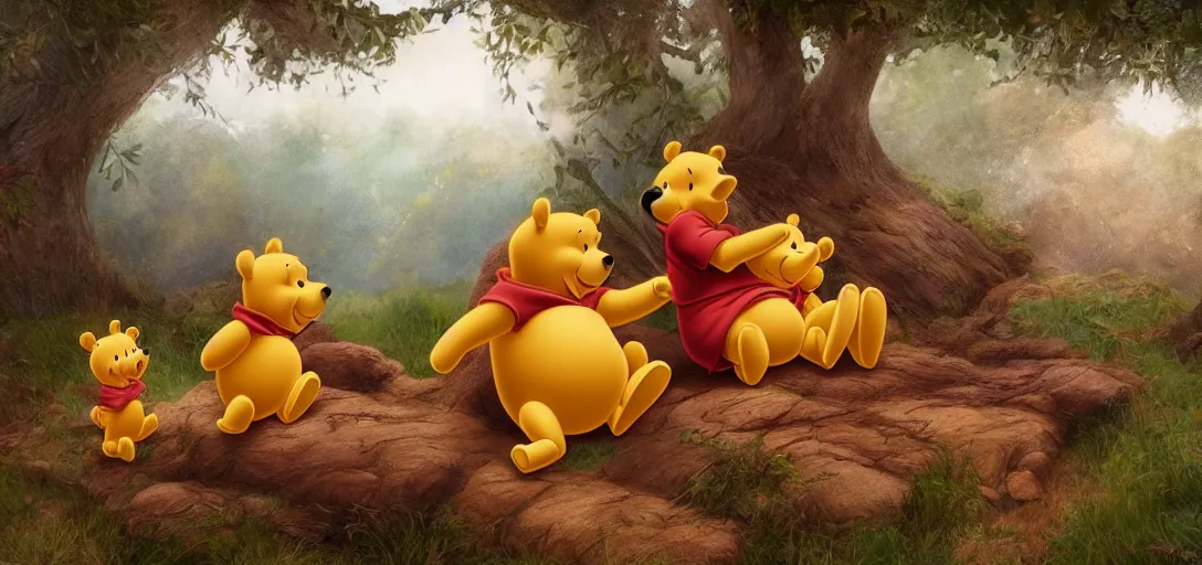 Prompt: winnie the pooh sitting on a giant pile of treasure, 4k, award-winning art, digital art, matte painting, trending on artstation, 4k