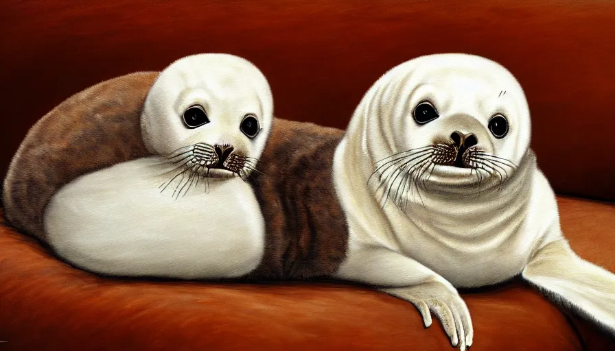 Prompt: highly detailed painting of cute furry white baby seal pupd cuddling up on a brown leather sofa with ice by william turner, thick brush strokes and visible paint layers, 4 k resolution, lounge background