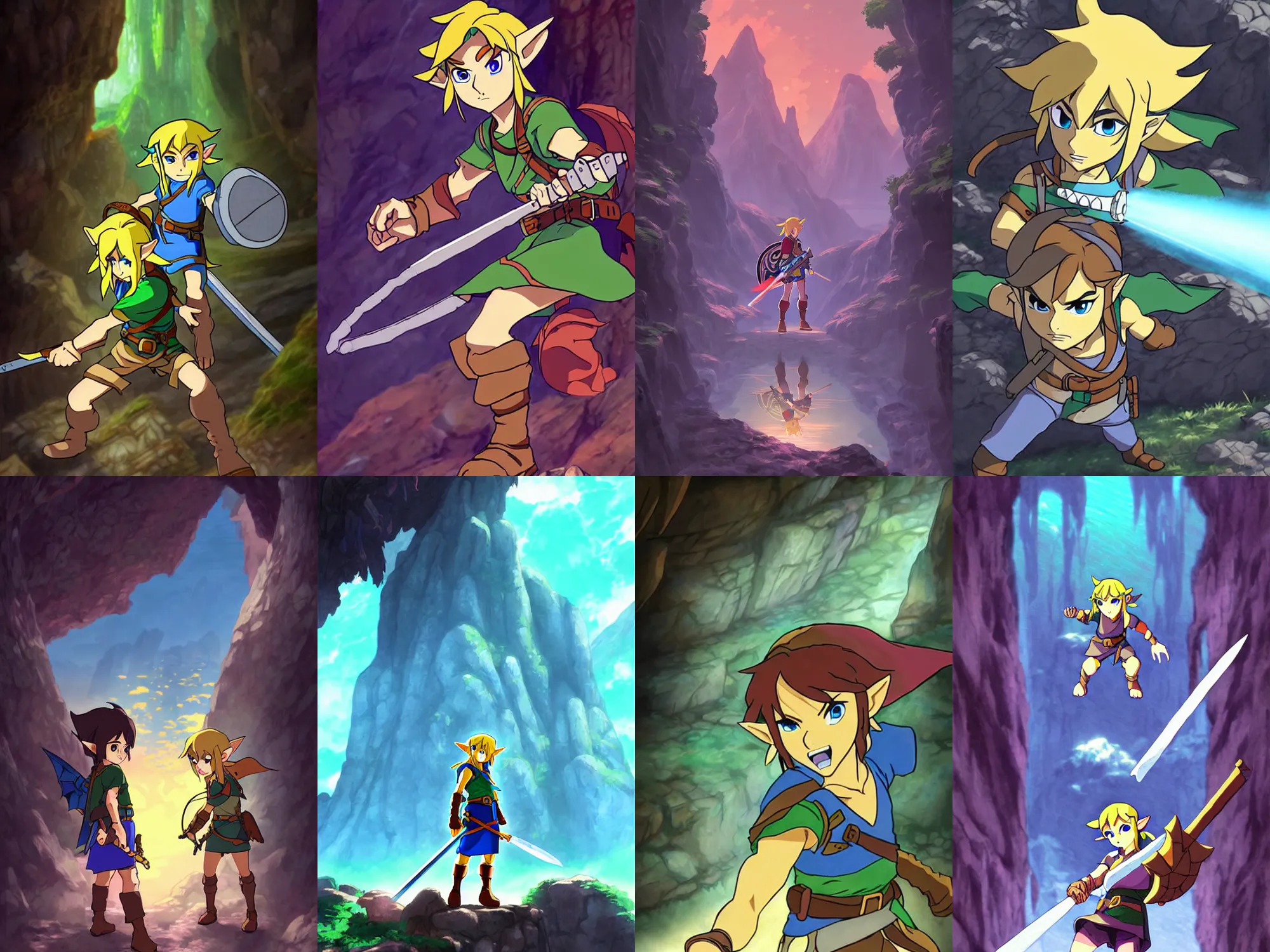 Prompt: link in a cave, legend of zelda, mature, dark, dungeons and dragons, dragon's lair, in the anime style of makoto shinkai, katsuhiro otomo, don bluth, key art