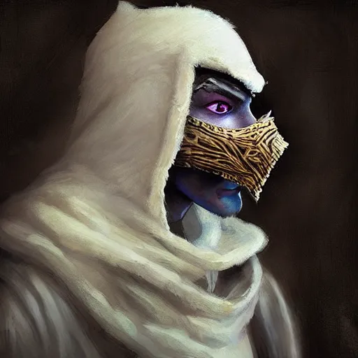 Image similar to “ fantasy snow bandit ‘ icewind dale ’ with mask, portrait by ‘ justin sweet ’, soft focus, illustrated, oil paint, artstation ”