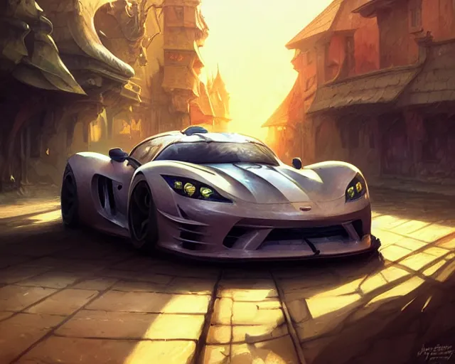 Prompt: sports car drifting around a corner, deep focus, d & d, fantasy, intricate, elegant, highly detailed, digital painting, artstation, concept art, matte, sharp focus, illustration, hearthstone, art by artgerm and greg rutkowski and alphonse mucha