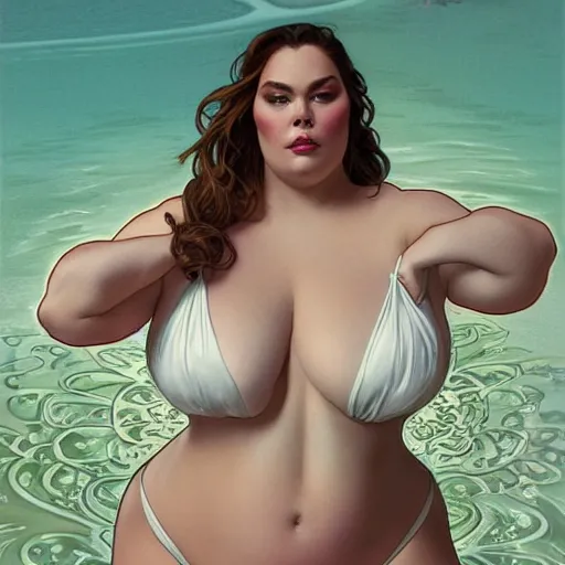 Image similar to coy chrissy metz on a swimsuit intricate, elegant, highly detailed, digital painting, artstation, concept art, smooth, sharp focus, illustration, art by artgerm and greg rutkowski and alphonse mucha