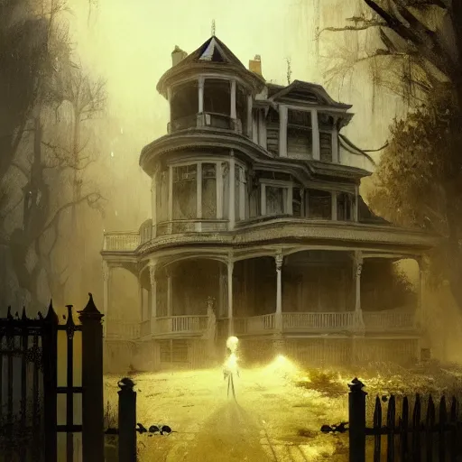 Prompt: a ghost outside a haunted victorian house, horror, greg rutkowski