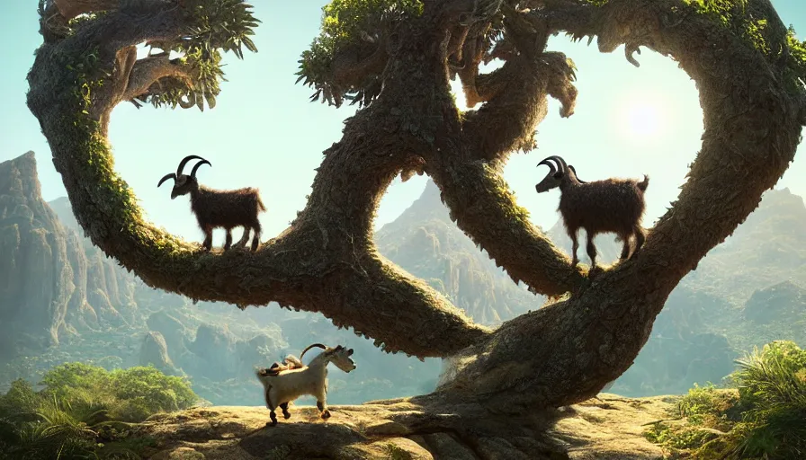 Image similar to very very small robotic goat, sitting on a gigantic dragon tree in socotra island by ilya kuvshinov, rtx rendering, octane render 1 2 8 k, maya, extreme high intricate details by tom bagshaw, medium shot, close up shot, composition by sana takeda, lighting by greg rutkowski