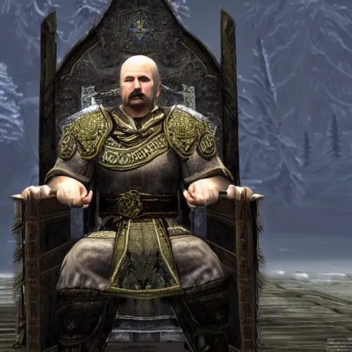 Prompt: Alexander Lukashenko as a Jarl in The Elder Scrolls V: Skyrim sitting on his throne in a slumped pose